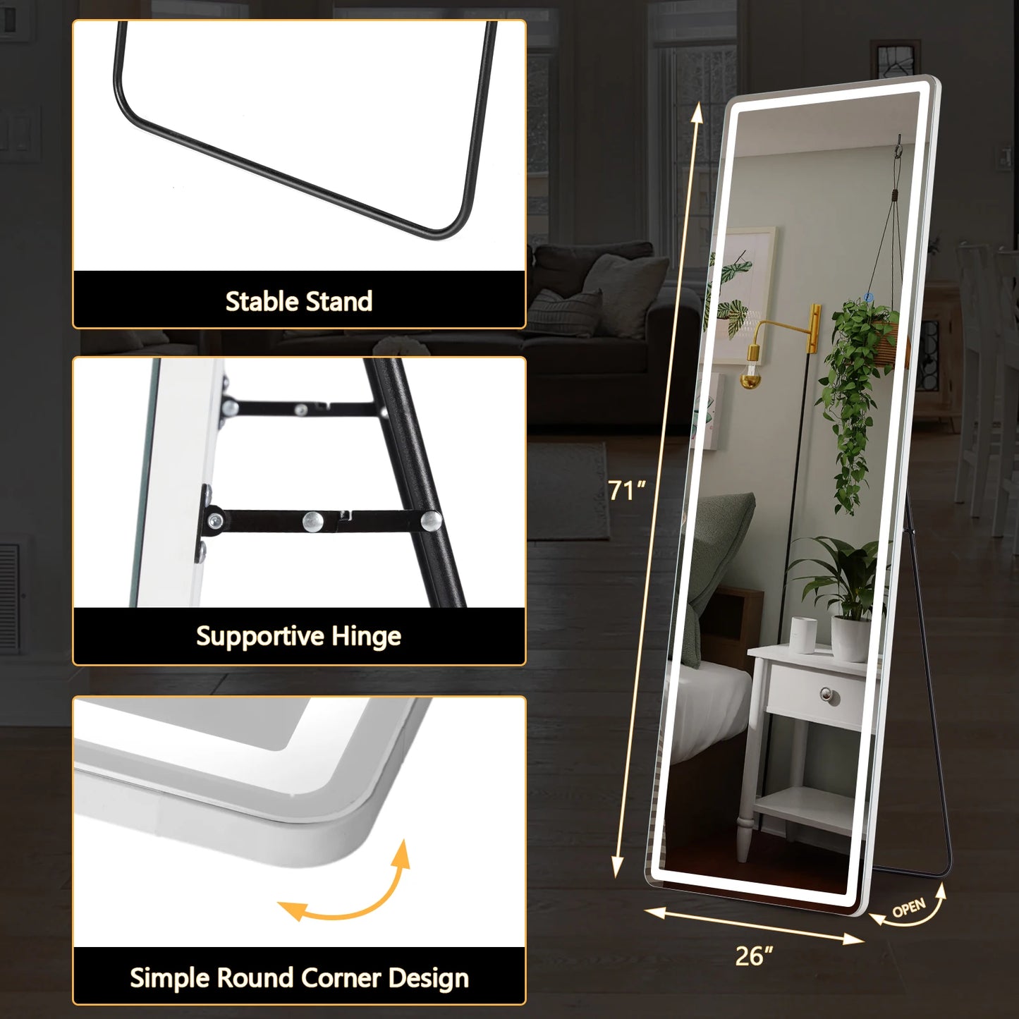 JHK Full Body Wall Mirror 59"x16"/64"x21" Standing or Wall-Hanging with Stand Aluminum Alloy Frame Bedroom Cloakroom Decoration