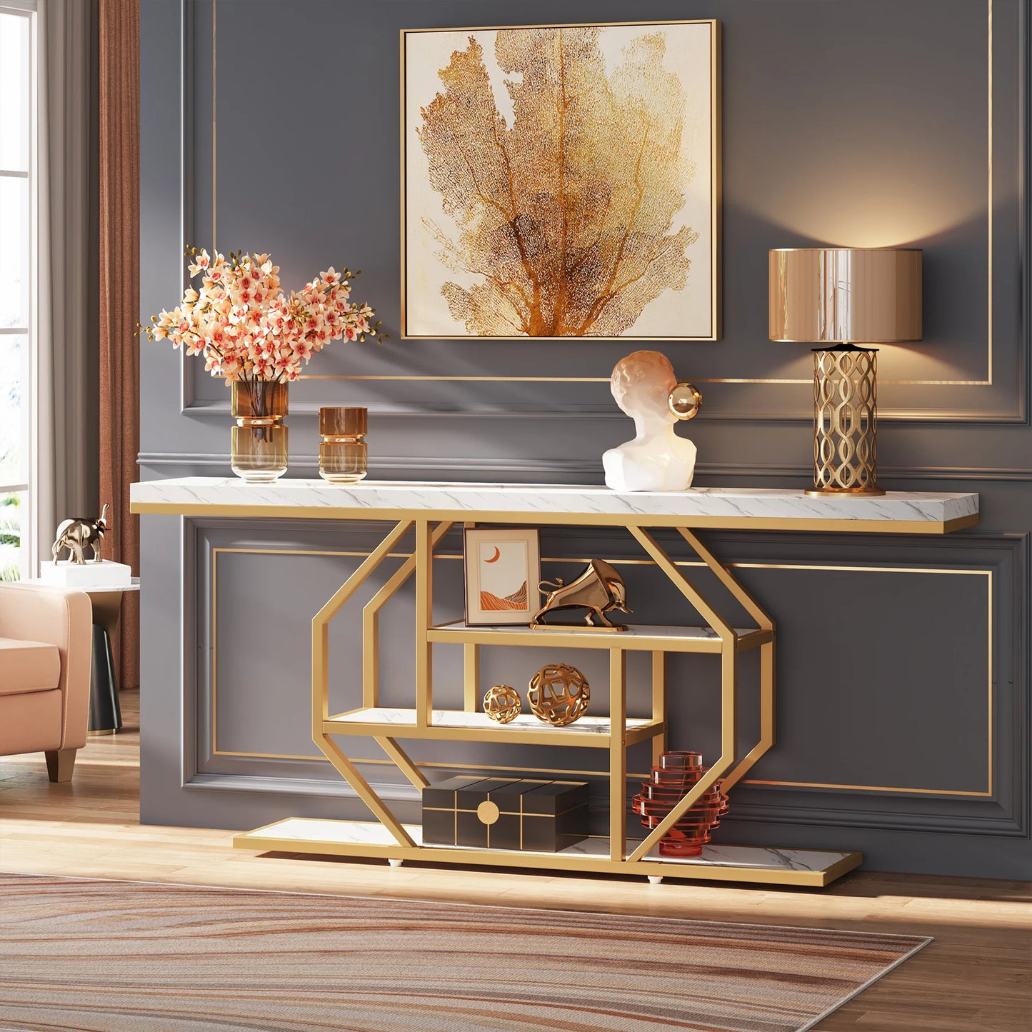 Tribesigns Console Table, Modern Gold Sofa Table Behind Couch with Storage, 4 Tier Entryway Accent Table