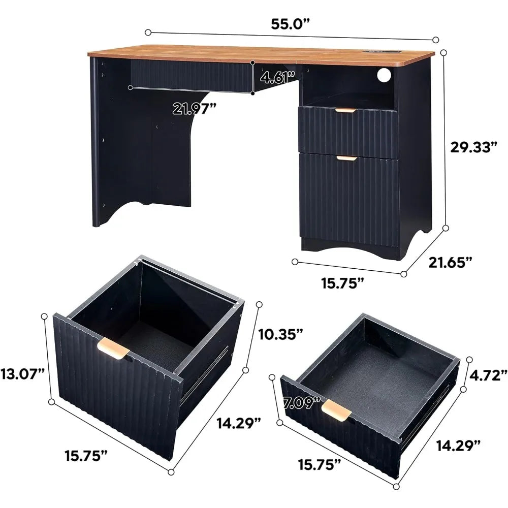 Contemporary 55-Inch Computer Desk with Integrated Keyboard Tray, Power Outlets, Dual Functional Drawers, and Fluted Design
