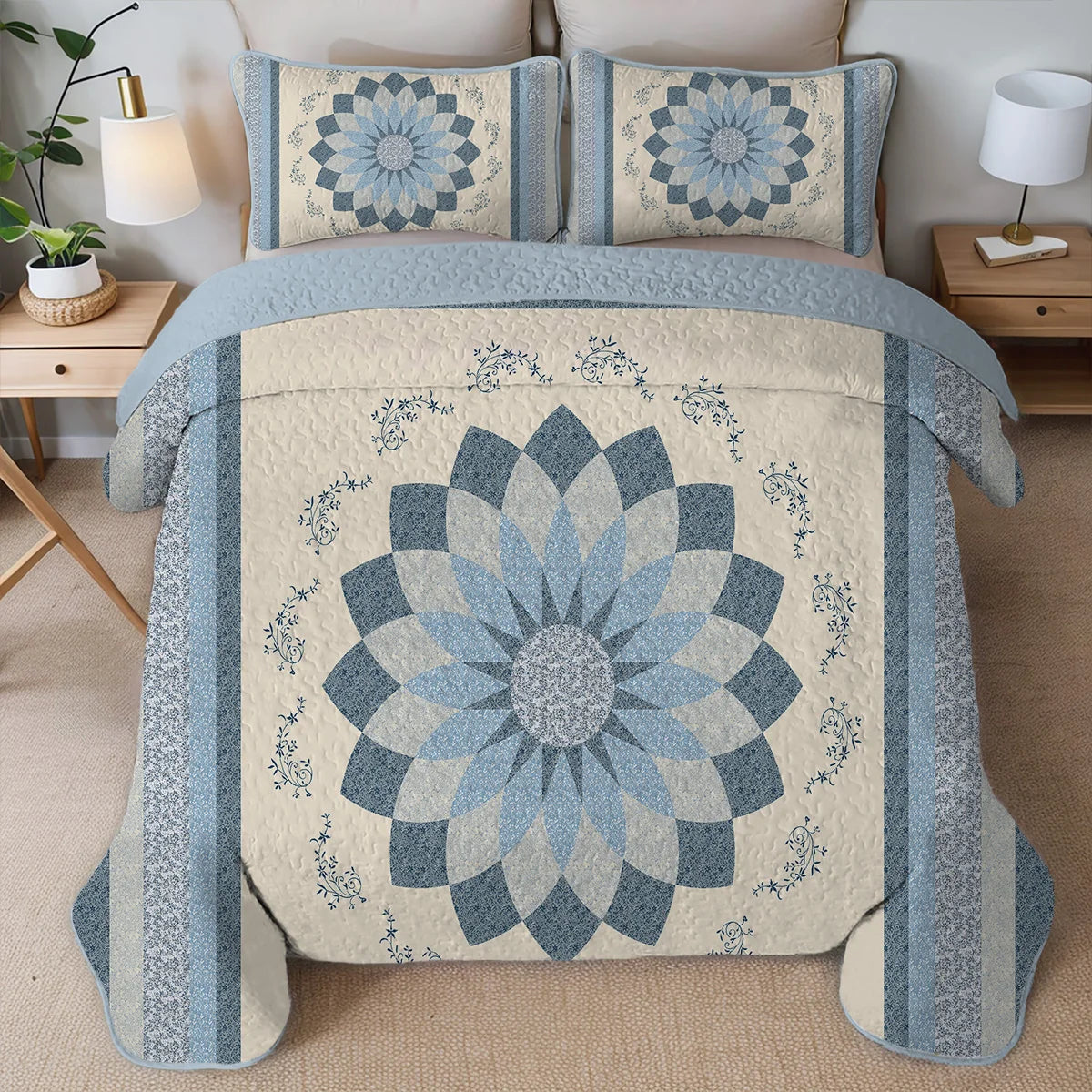 2/3-Piece Floral Printed Quilt Set, Cal King, Durable, Breathable, and Unique Summer Bedding Set, Includes 1 Quilt, 1/2 Pillowcase