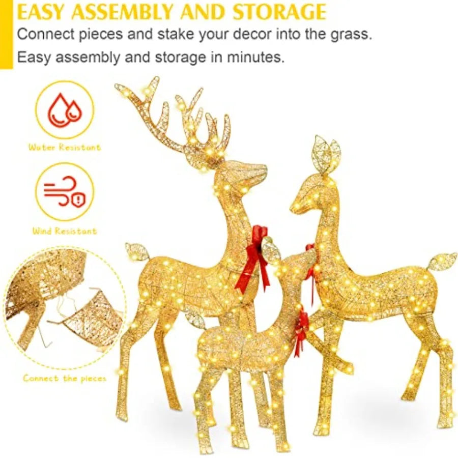 Christmas Lighted Reindeer Family Outdoor Yard Decorations with Golden Glow for Holiday Season Large Illuminated Deer Set Perfe