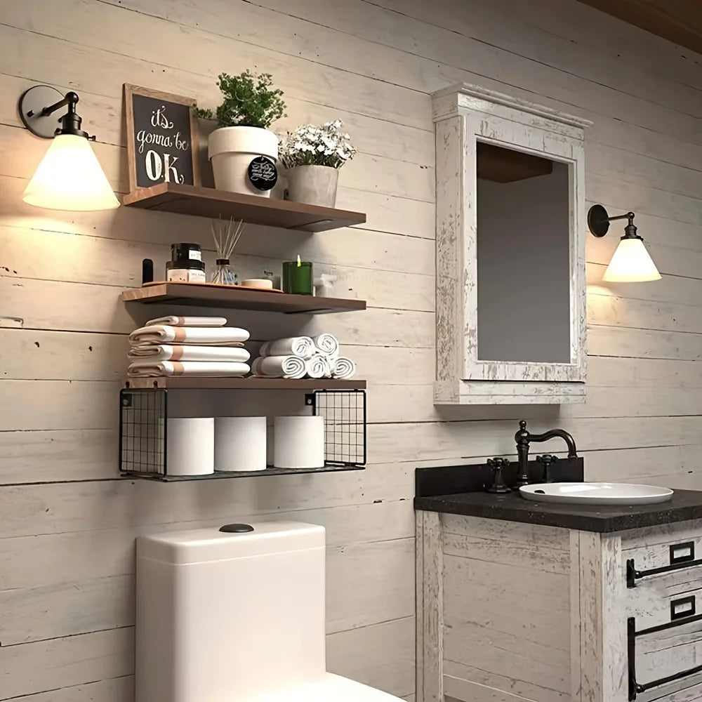 Wall Mounted Floating Shelves 3 Wood Bathroom Shelves Farmhouse Floating Shelf Bathroom Accessories for Bedroom