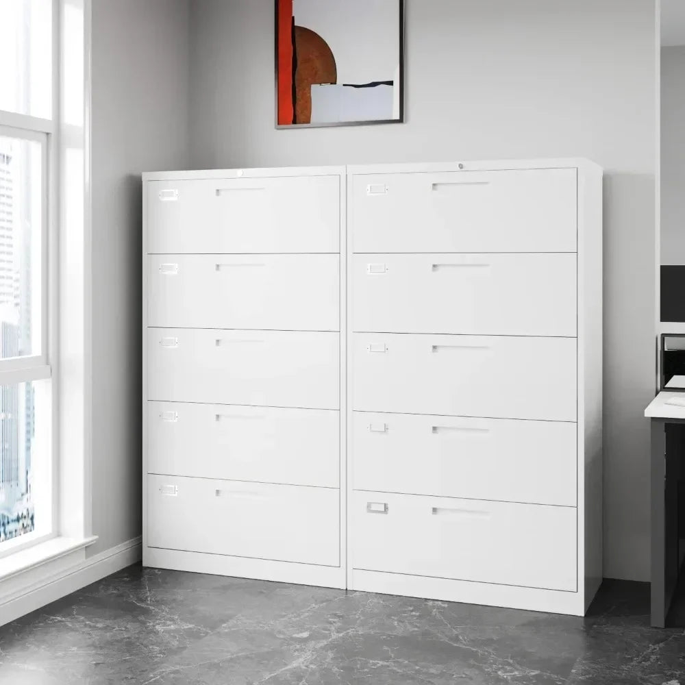 Lateral File Cabinet with 5 Drawers - Lockable Storage Cabinet for Hanging - White Metal Steel Filling Cabinets for Home Office
