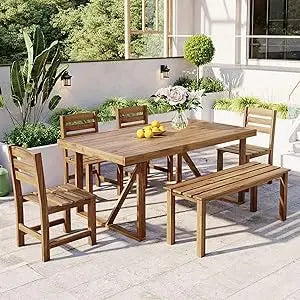 Patio Dining Table Set for 6, Acacia Wood Outdoor Table and Chairs Set, All Weather Patio Dining Set with Bench for Balcony, Bac