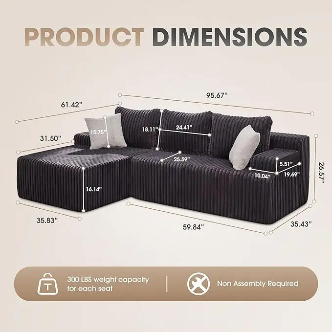 Modular L-Shaped 3-Seat Sectional | Memory Foam with Deep Seating & Storage Modules | Living Room Sofa
