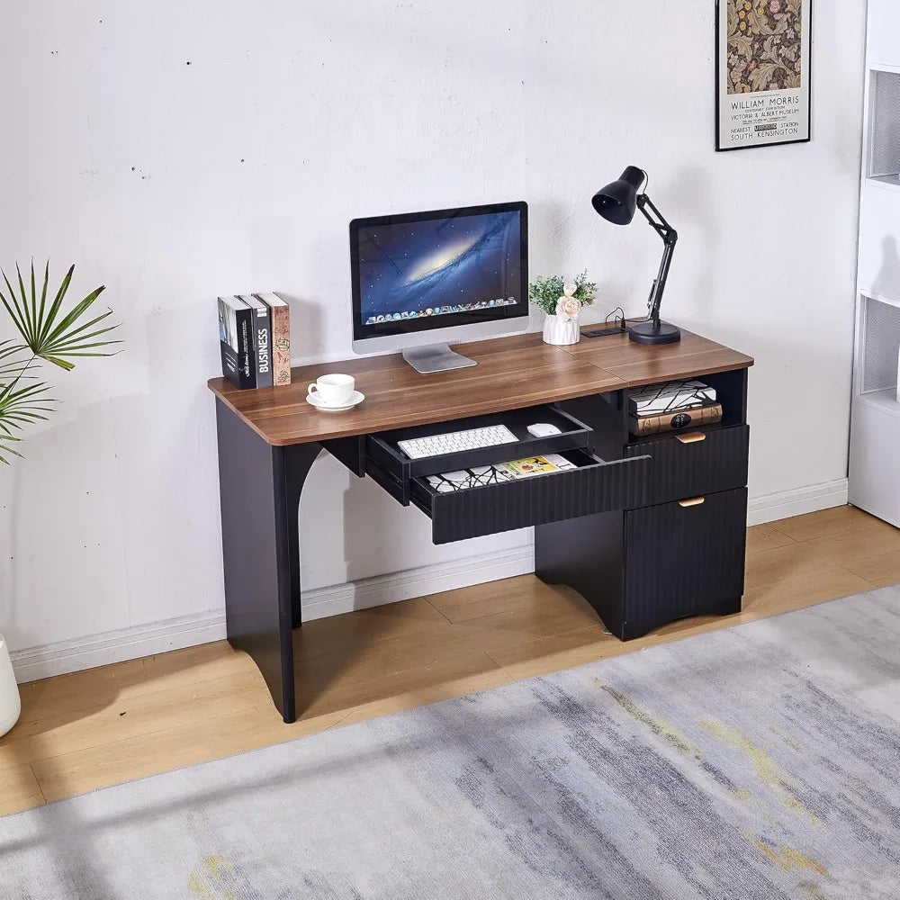 Contemporary 55-Inch Computer Desk with Integrated Keyboard Tray, Power Outlets, Dual Functional Drawers, and Fluted Design