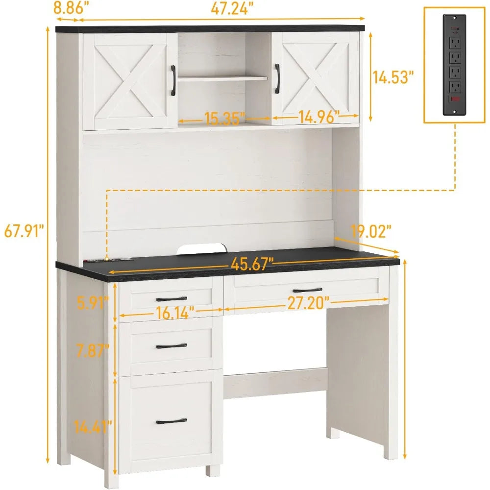 "67" Farmhouse Executive Desk - Hutch with LED Light, 4 Drawers & Charging Station for Home Office"
