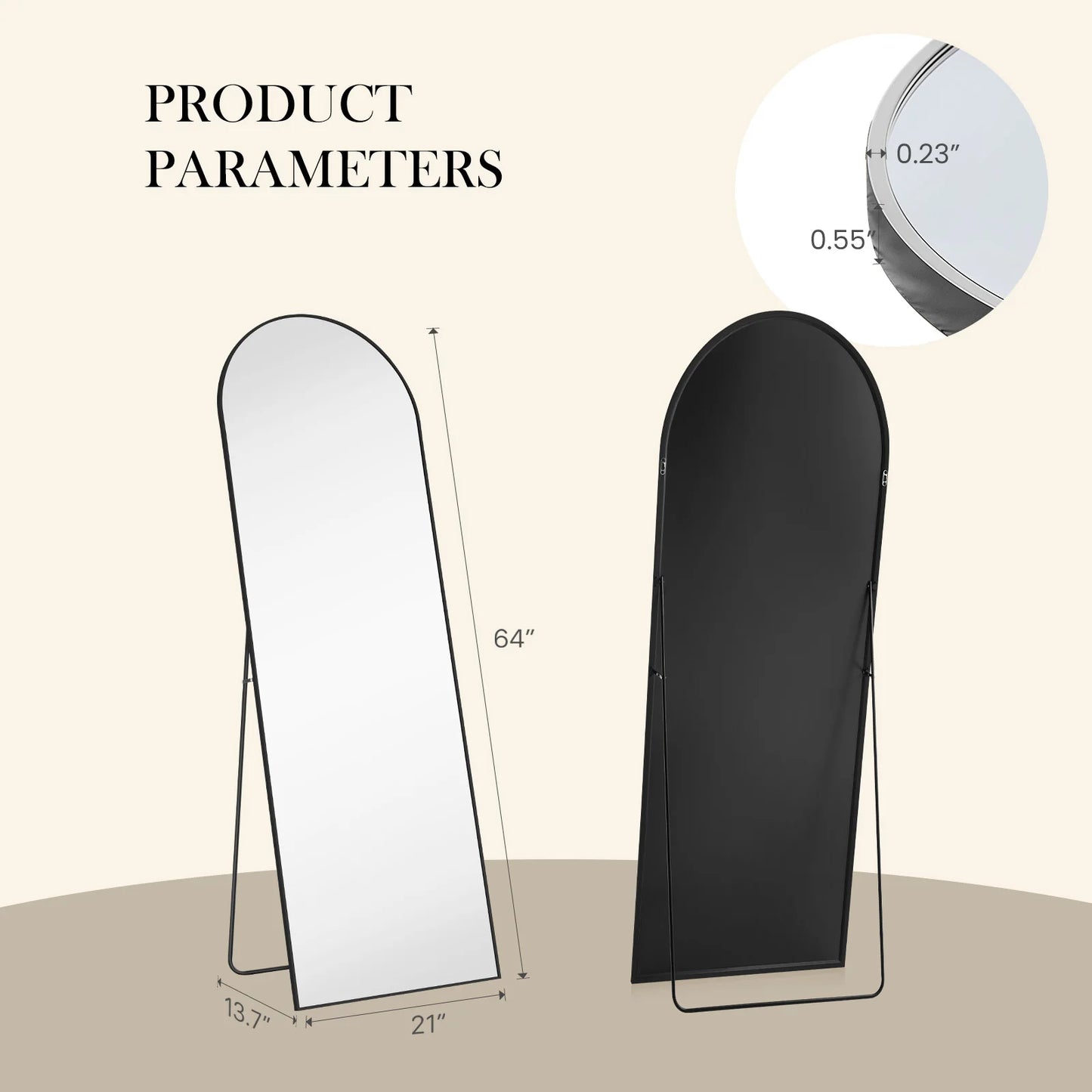 JHK Full Body Wall Mirror 59"x16"/64"x21" Standing or Wall-Hanging with Stand Aluminum Alloy Frame Bedroom Cloakroom Decoration