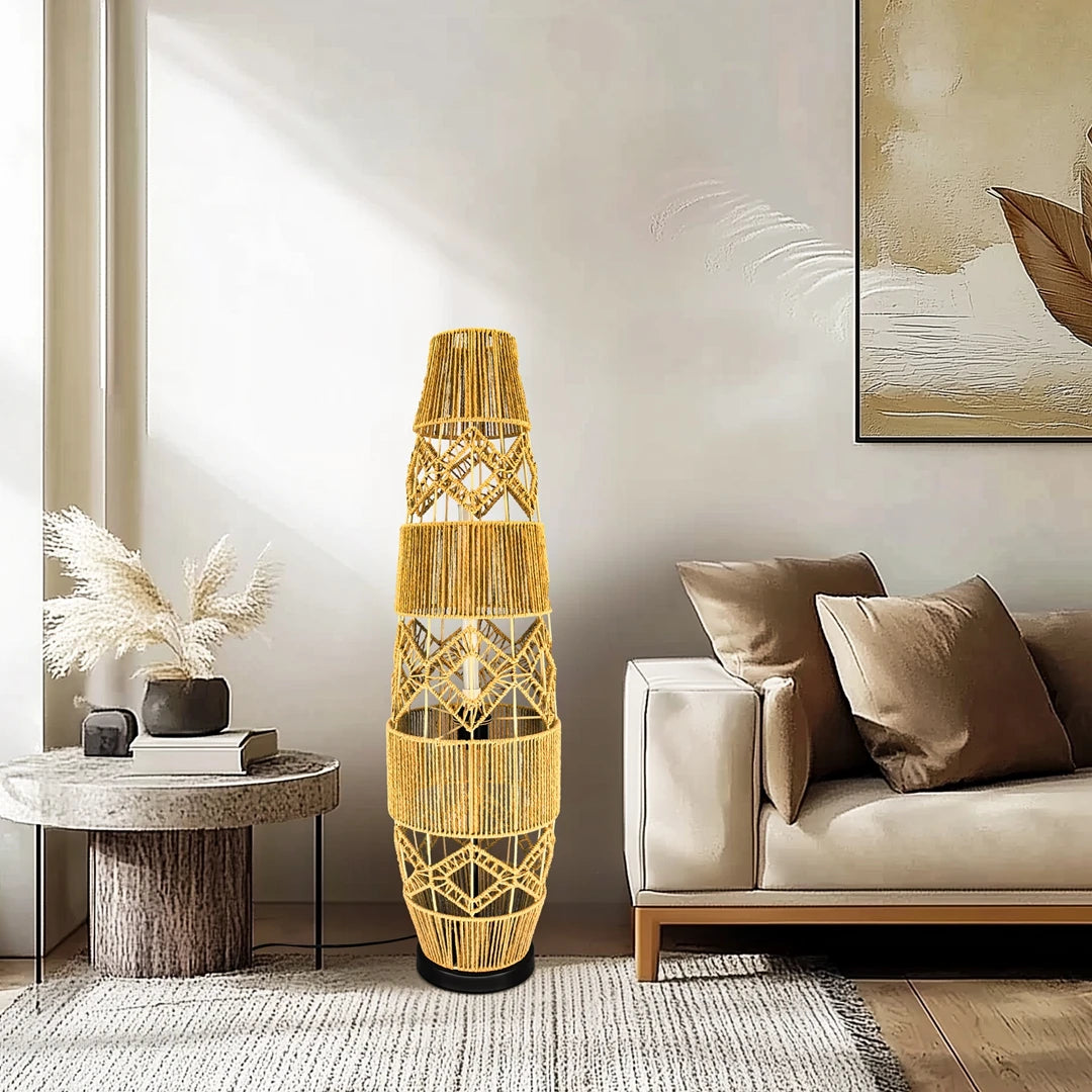 Vrygle Boho Rattan Floor Lamp with LED Light Bar UL Listed