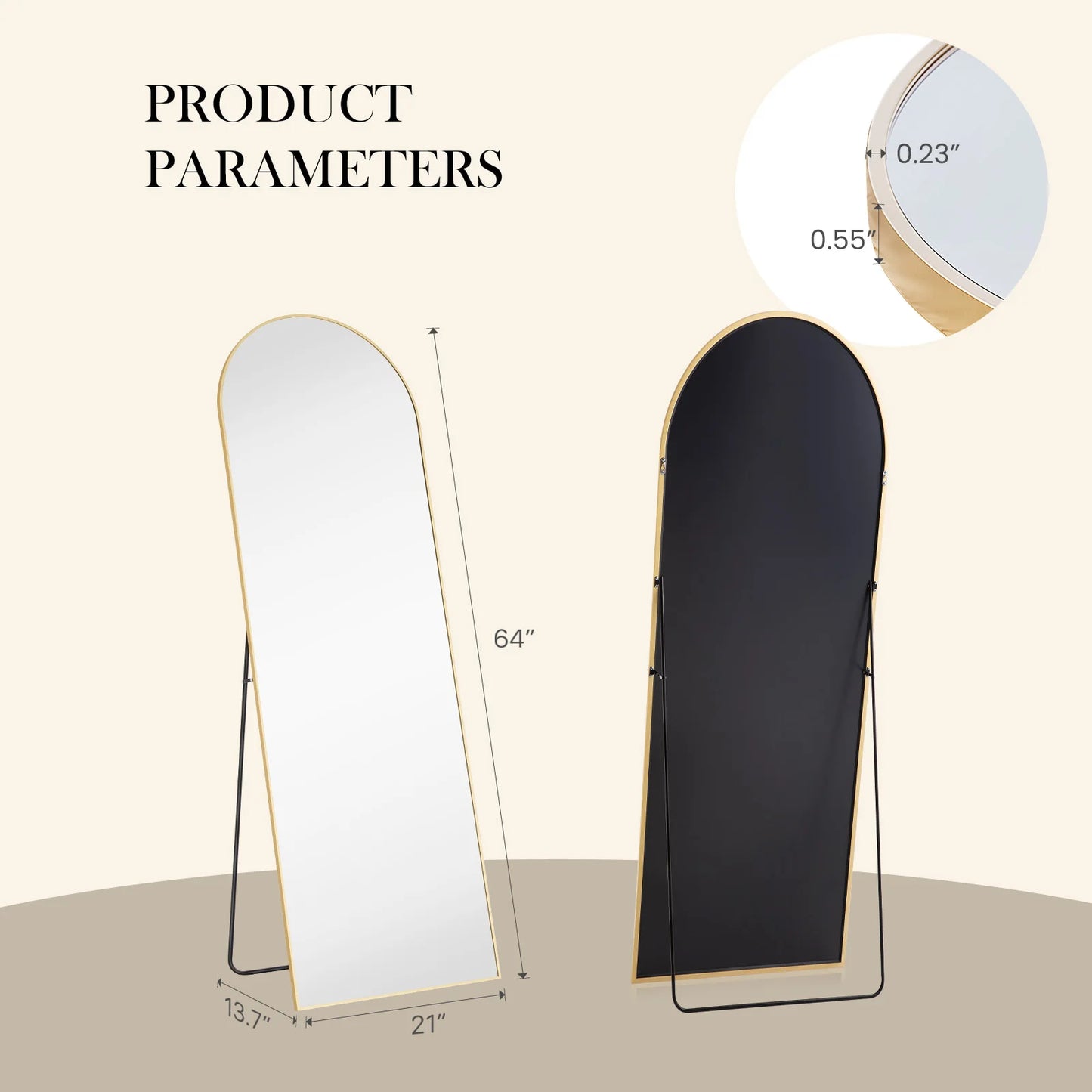 JHK Full Body Wall Mirror 59"x16"/64"x21" Standing or Wall-Hanging with Stand Aluminum Alloy Frame Bedroom Cloakroom Decoration