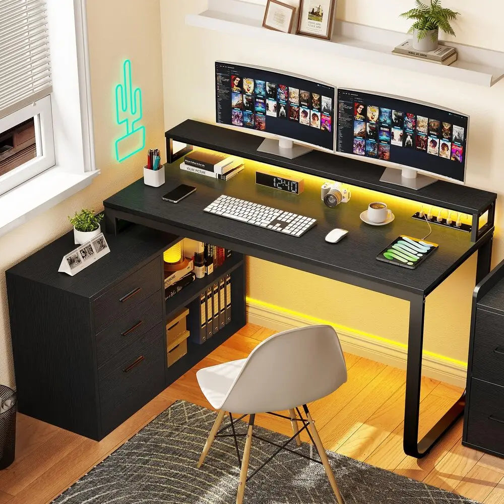 L-Shaped Gaming Computer Desk Home Office Desk File Drawers