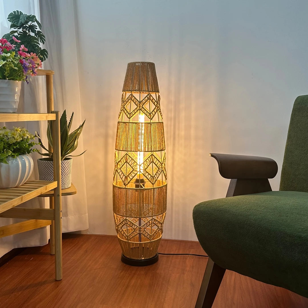 Vrygle Boho Rattan Floor Lamp with LED Light Bar UL Listed