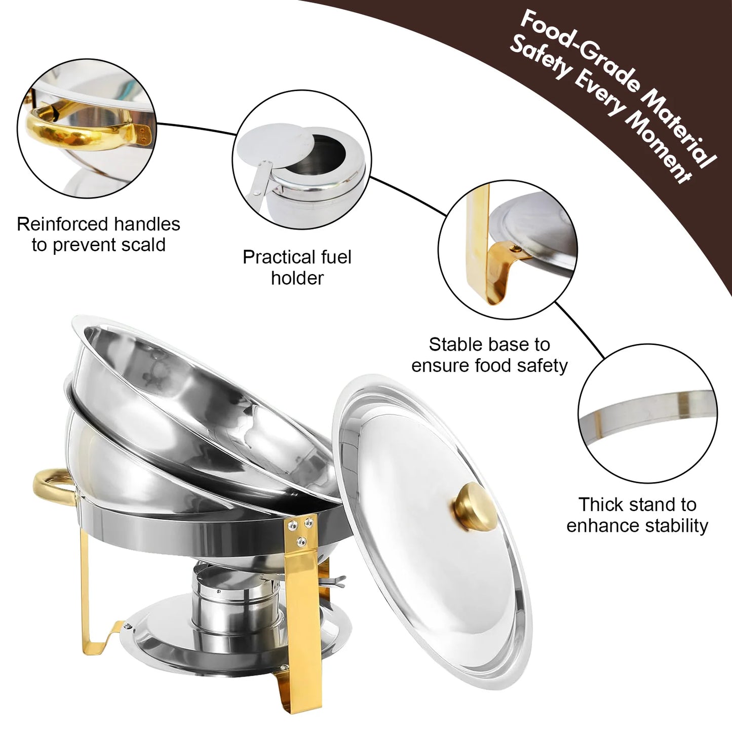 5QT Chafing Dish Buffet Set Stainless Steel Round Half-Gold Plated Buffet Warmer Set for Home Parties Christmas Buffet Birthday