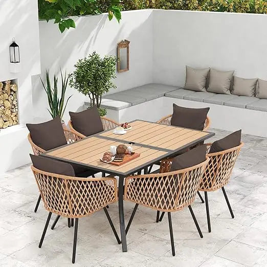 5/7/9-Piece All-Weather Rattan Patio Dining Set with 60" Wood Table Top, Removable Cushions & Umbrella Hole - Outdoor Furniture