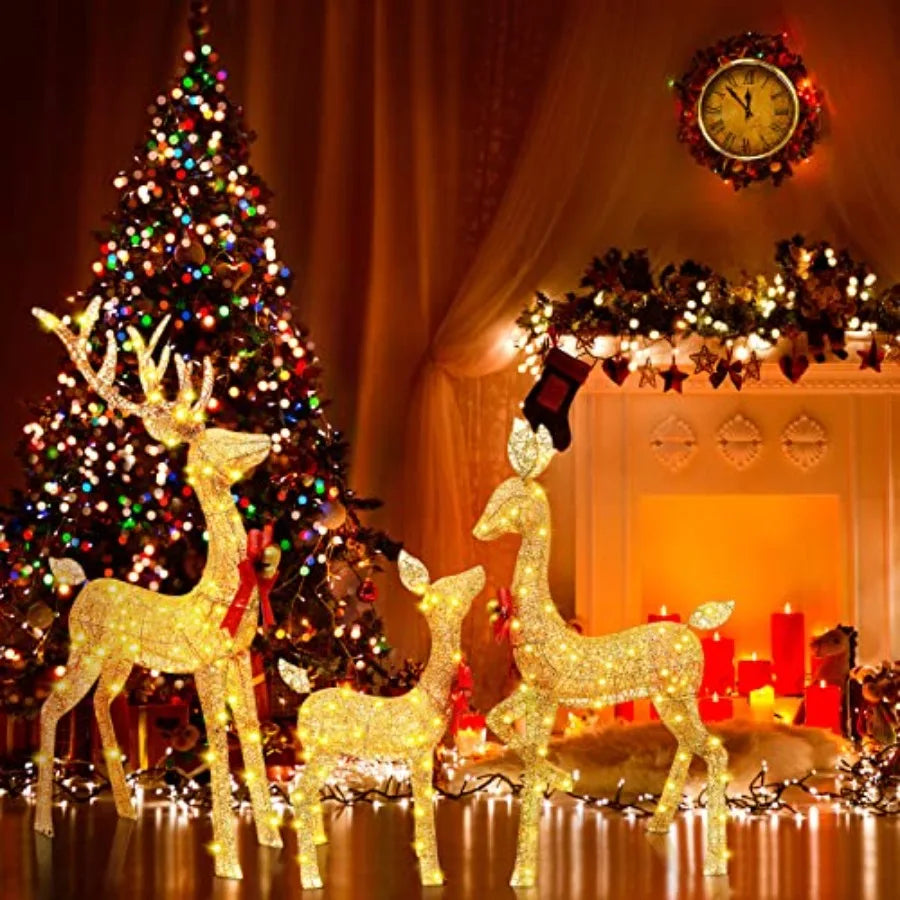 Christmas Lighted Reindeer Family Outdoor Yard Decorations with Golden Glow for Holiday Season Large Illuminated Deer Set Perfe