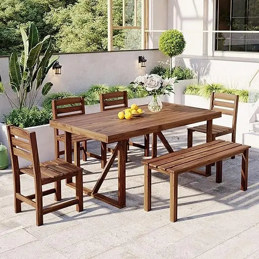 Patio Dining Table Set for 6, Acacia Wood Outdoor Table and Chairs Set, All Weather Patio Dining Set with Bench for Balcony, Bac