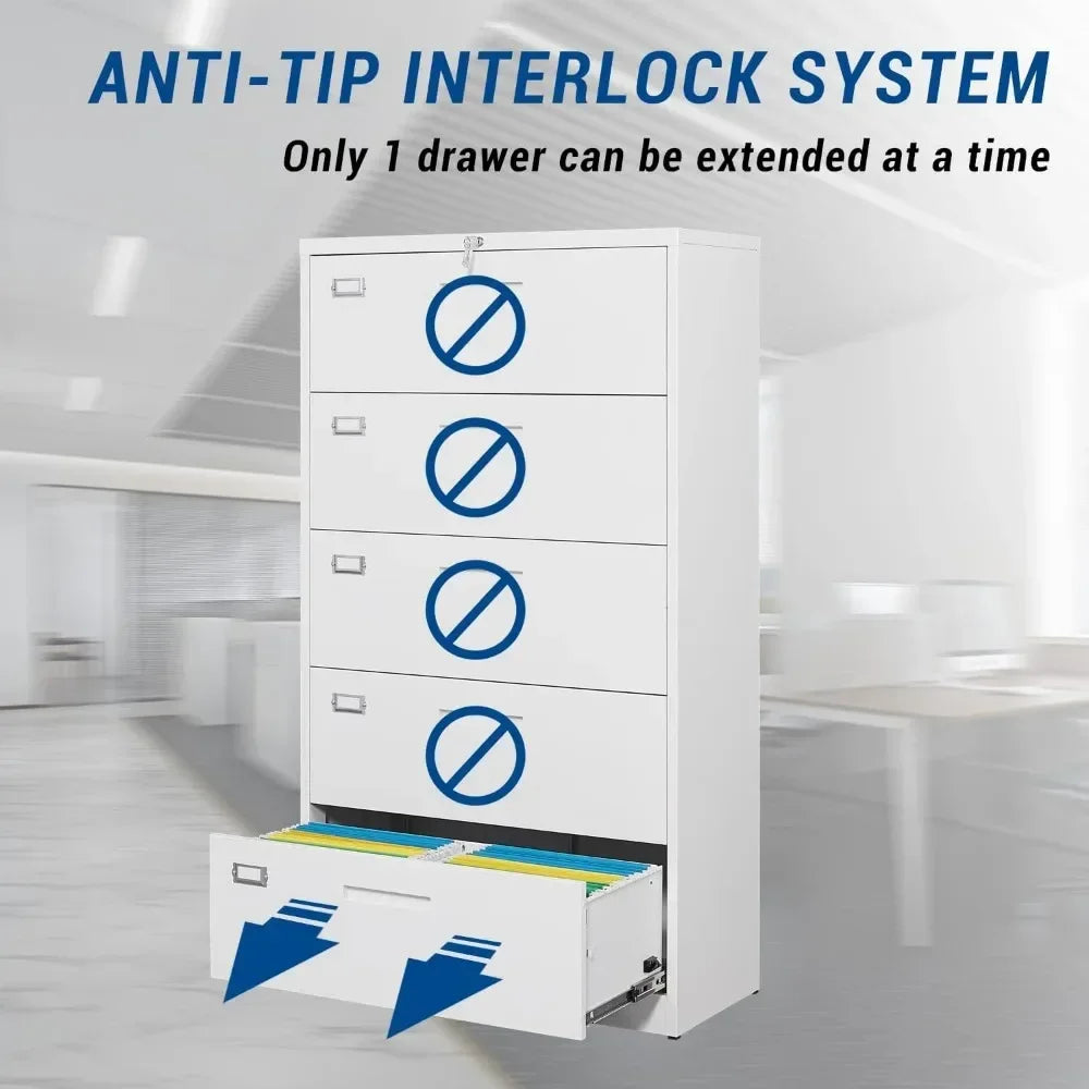 Lateral File Cabinet with 5 Drawers - Lockable Storage Cabinet for Hanging - White Metal Steel Filling Cabinets for Home Office