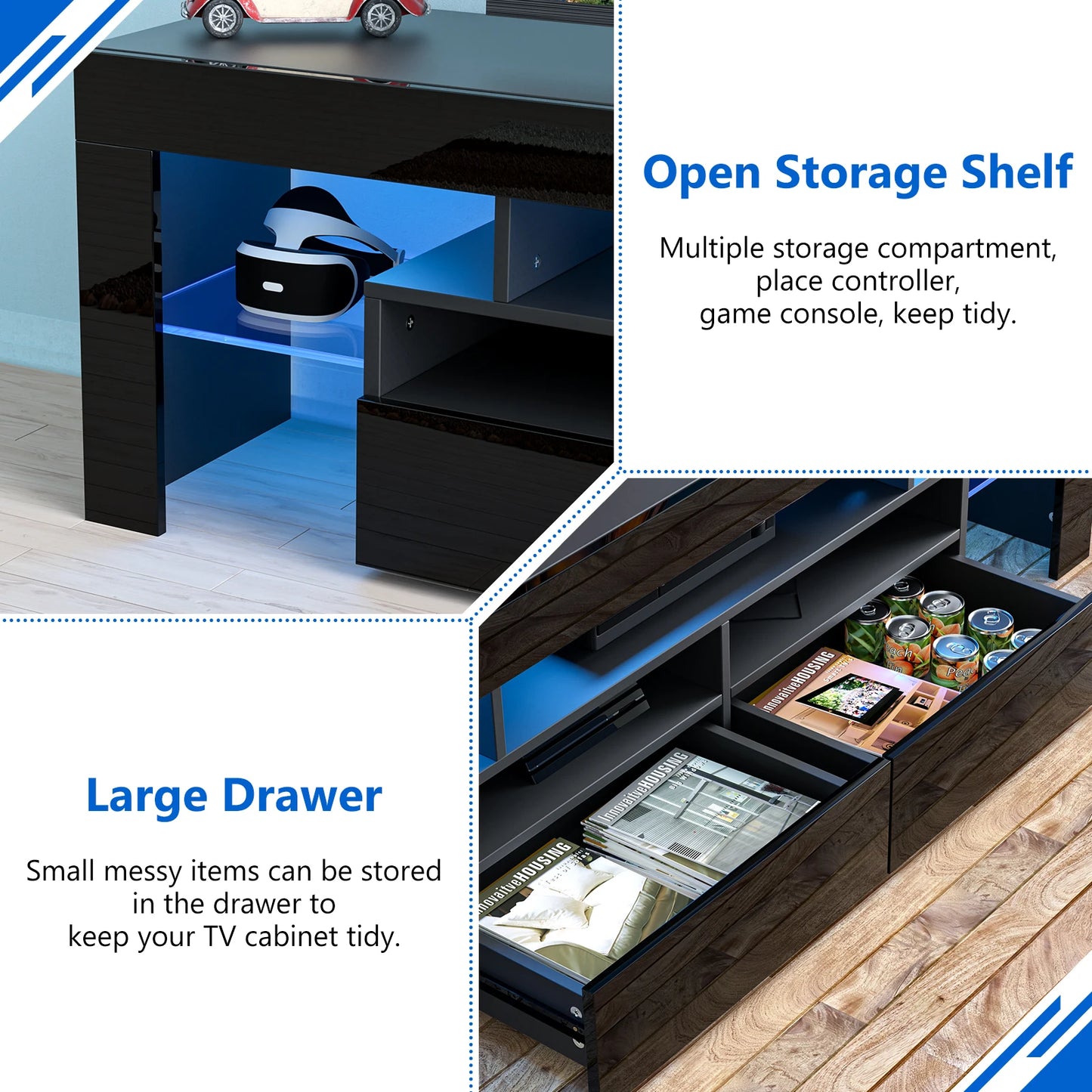 LED TV Stand for Living Room w/20 Colors Lights & Storage Shelf High Gloss TV Cabinet with Large Drawers for Gameroom/Bedroom