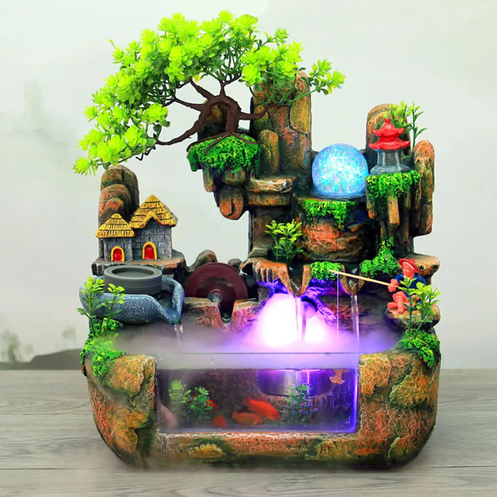 Indoor LED Water Fountain with Mist – Resin Rockery Waterfall for Home Decor