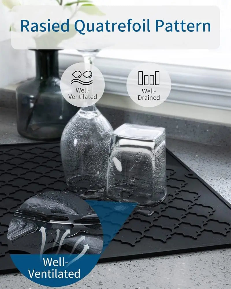 Tableware drying pad - Silicone drying pad - Heat resistant - Kitchen small tools - Black (12 inches x 16)