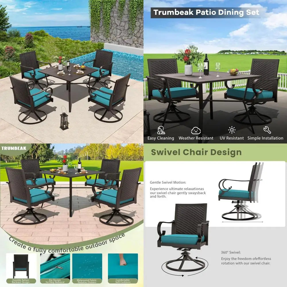 5-piece patio dining set outdoor conversation set,metal outdoor furniture set with umbrella hole cut-out table and 4 rattan back