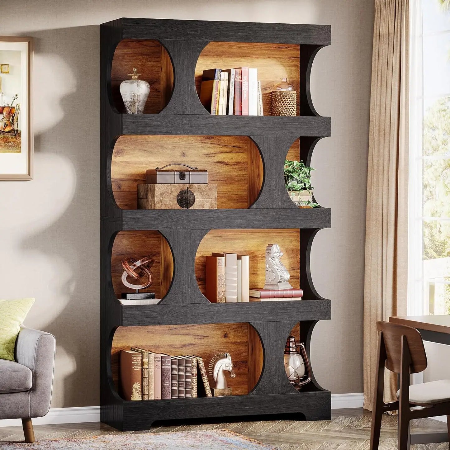 Black Bookcase, Modern Bookshelf, 4-Tier Freestanding Display Shelf with Classic Shape for Living Room, Home Office