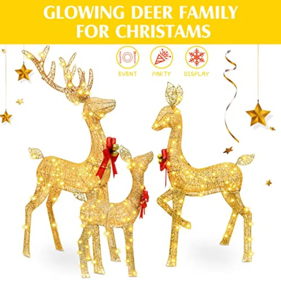 Christmas Lighted Reindeer Family Outdoor Yard Decorations with Golden Glow for Holiday Season Large Illuminated Deer Set Perfe