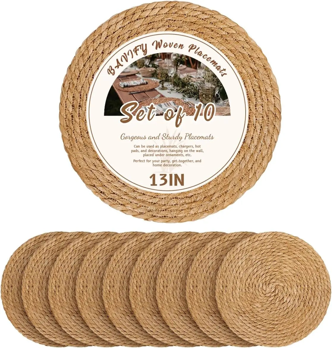 in Round Woven Placemats Plate Chargers Set of 10, Boho Farmhouse Rustic Woven Place Mats for Dining Table Decor, Rattan Wicker