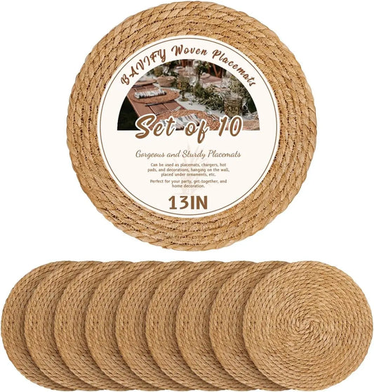 in Round Woven Placemats Plate Chargers Set of 10, Boho Farmhouse Rustic Woven Place Mats for Dining Table Decor, Rattan Wicker