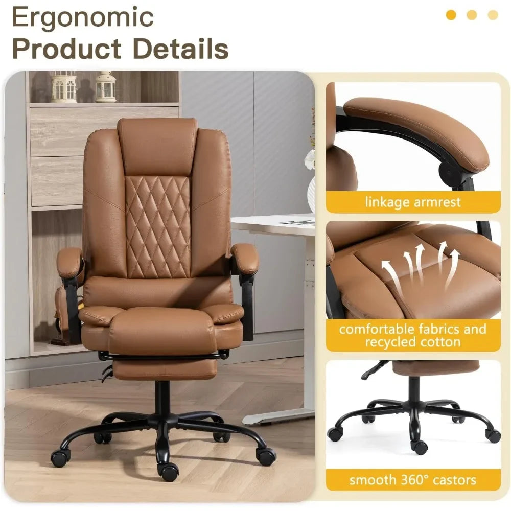 6-Point Heated Massage Office Chair with Footrest, Ergonomic Home Desk Chair with Lumbar Support, Executive High Back PU Leather