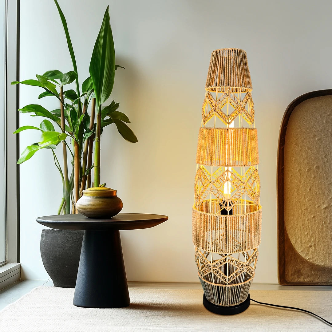 Vrygle Boho Rattan Floor Lamp with LED Light Bar UL Listed