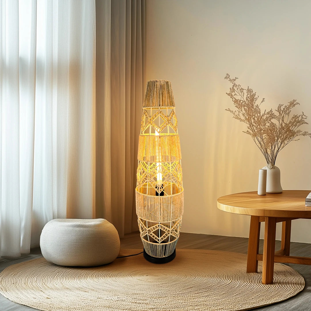 Vrygle Boho Rattan Floor Lamp with LED Light Bar UL Listed