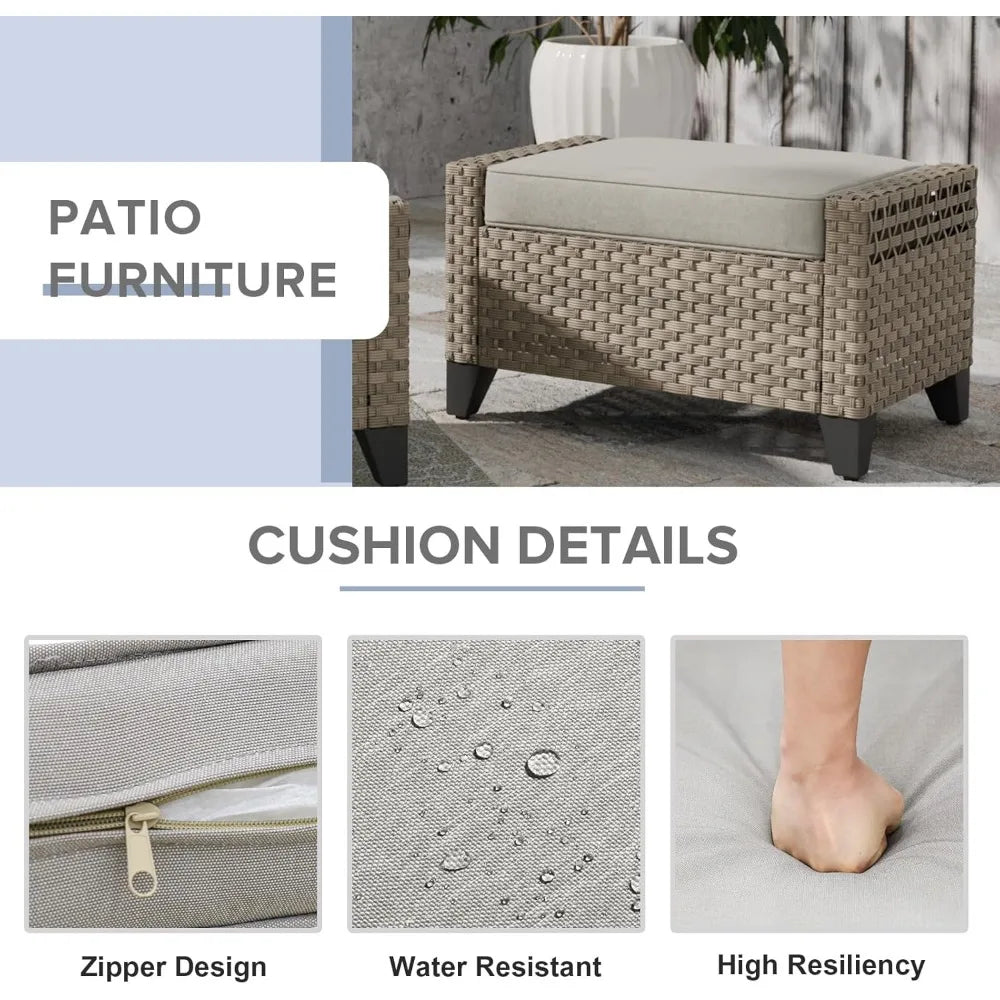 Modern 2 Piece Wicker Outdoor Ottomans, 2pc Patio Ottoman Foot Rest for Couch with Removable Cushions for Patio, Deck, Backyard