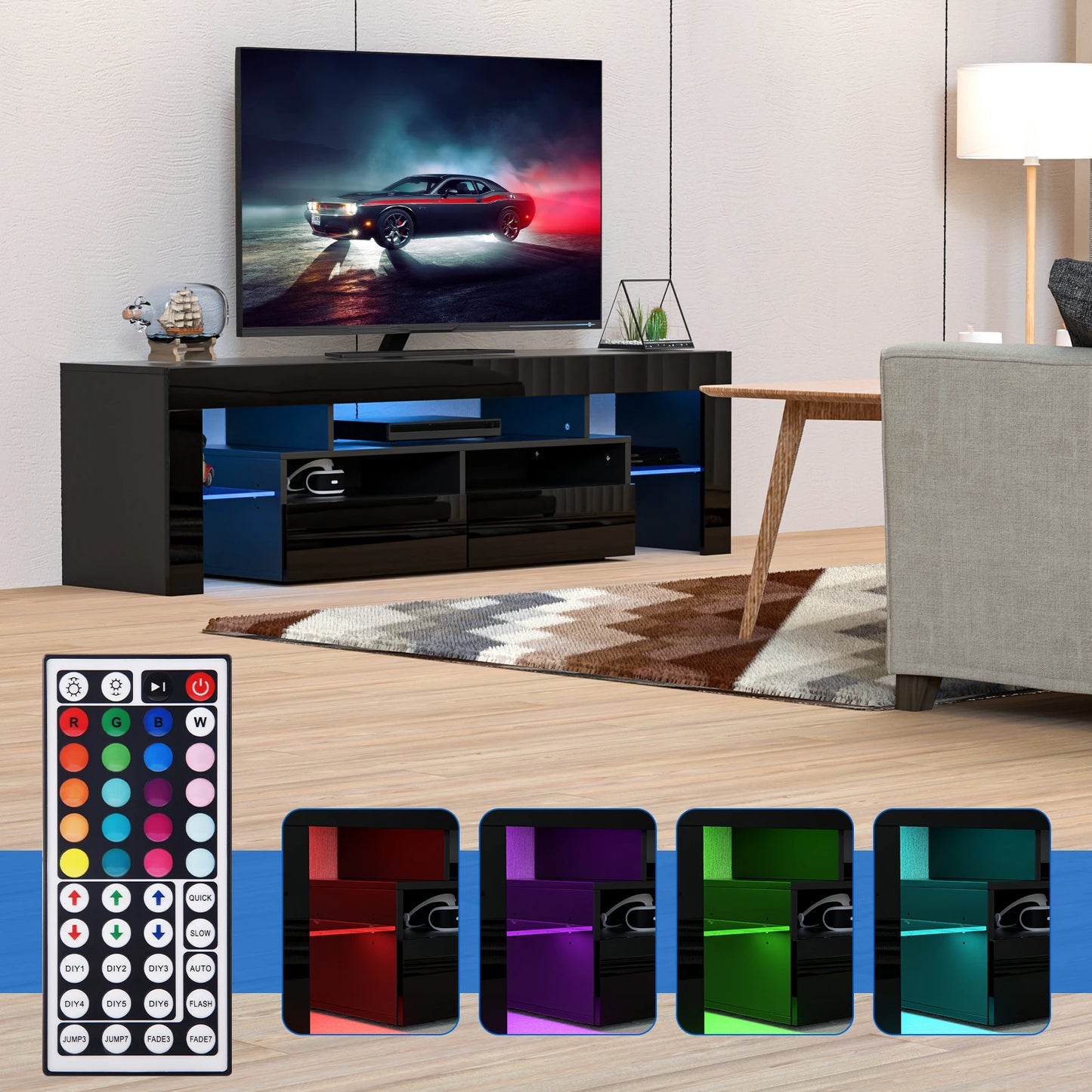 LED TV Stand for Living Room w/20 Colors Lights & Storage Shelf High Gloss TV Cabinet with Large Drawers for Gameroom/Bedroom