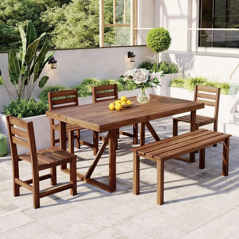 Patio Dining Table Set for 6, Acacia Wood Outdoor Table and Chairs Set, All Weather Patio Dining Set with Bench for Balcony, Bac