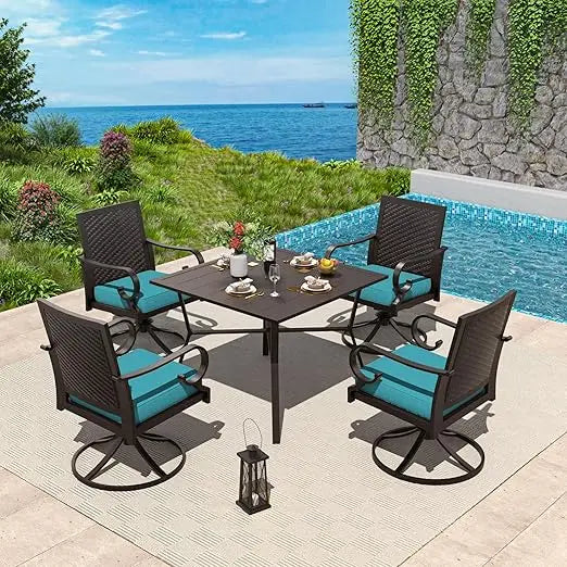 5-piece patio dining set outdoor conversation set,metal outdoor furniture set with umbrella hole cut-out table and 4 rattan back