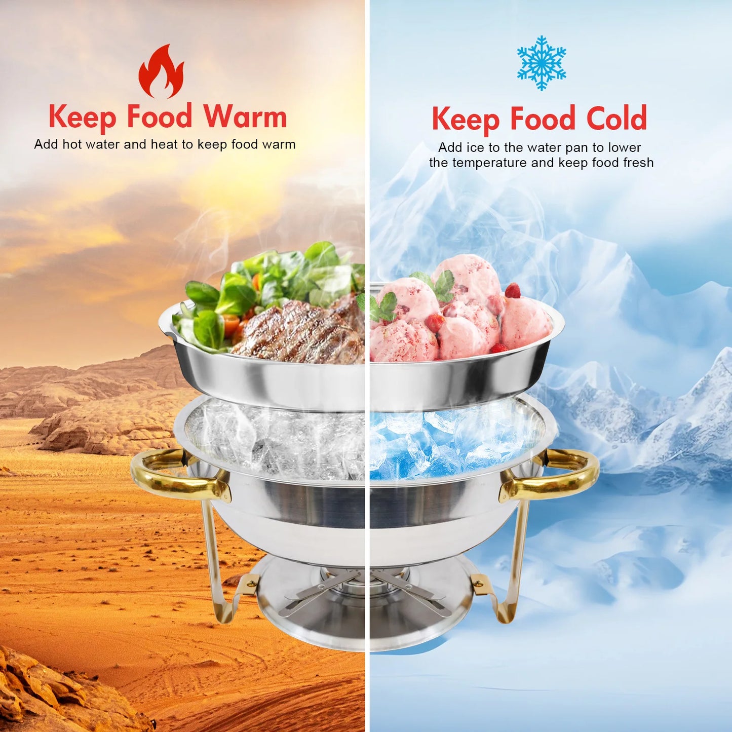 5QT Chafing Dish Buffet Set Stainless Steel Round Half-Gold Plated Buffet Warmer Set for Home Parties Christmas Buffet Birthday