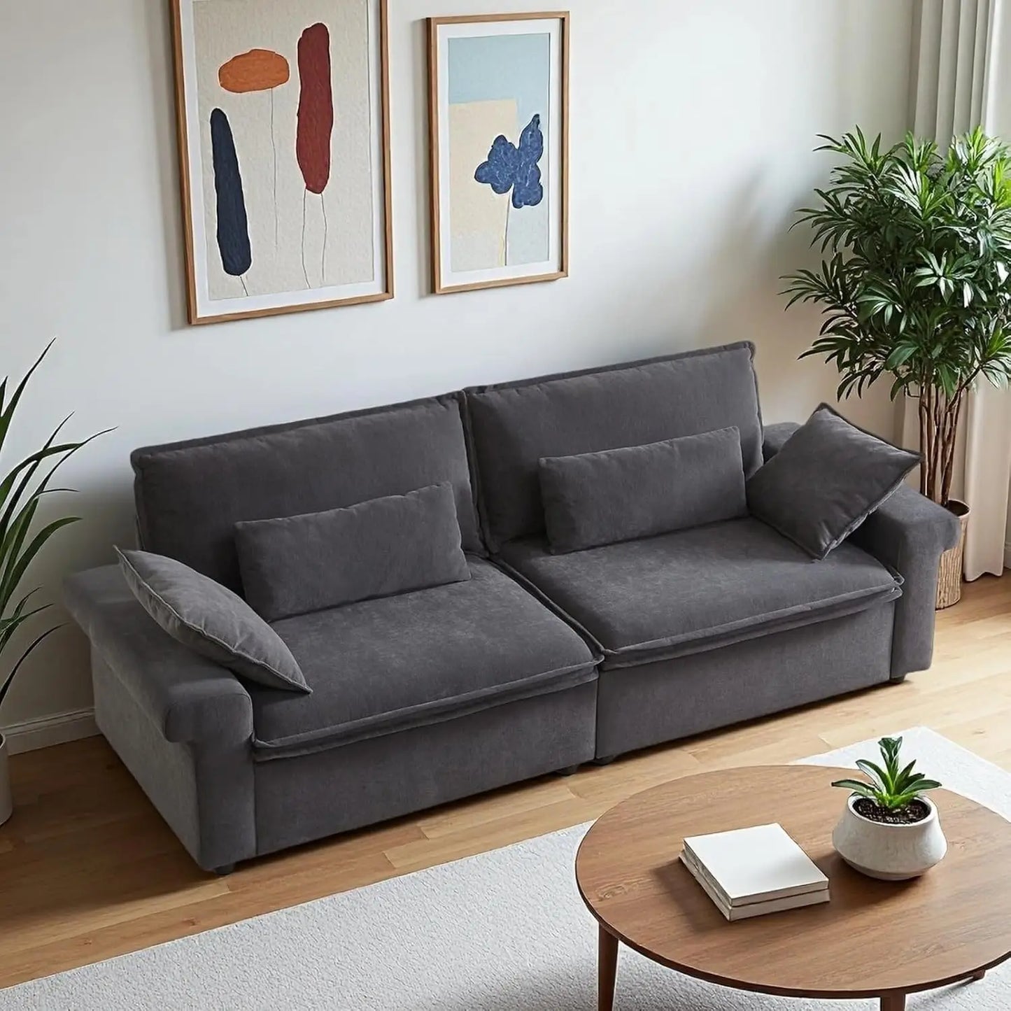 94 Inch Sofa, Oversized Couch with Wide Arms, Modern 3-Seater Sofa w/Throw Pillows, Chenille Fabric, Deep Seat Cushion