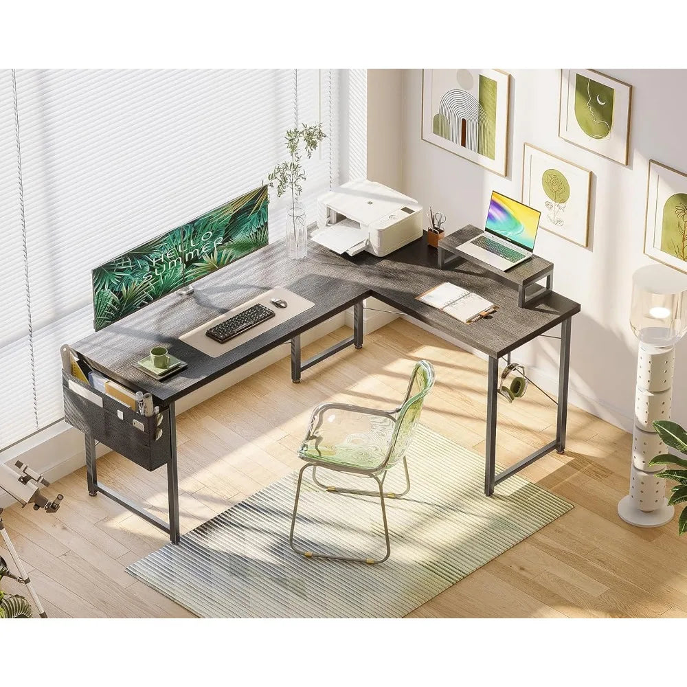 "L-Shaped Computer Desk with Storage, 57.5 Inch Reversible Gaming Desk, Corner Home Office Desk with Monitor Stand, Space-Saving