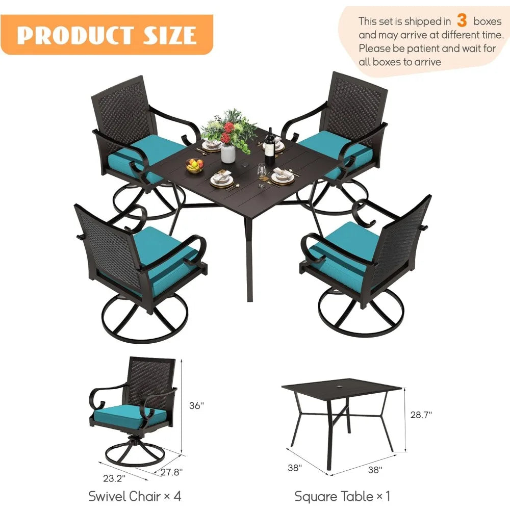 5-piece patio dining set outdoor conversation set,metal outdoor furniture set with umbrella hole cut-out table and 4 rattan back