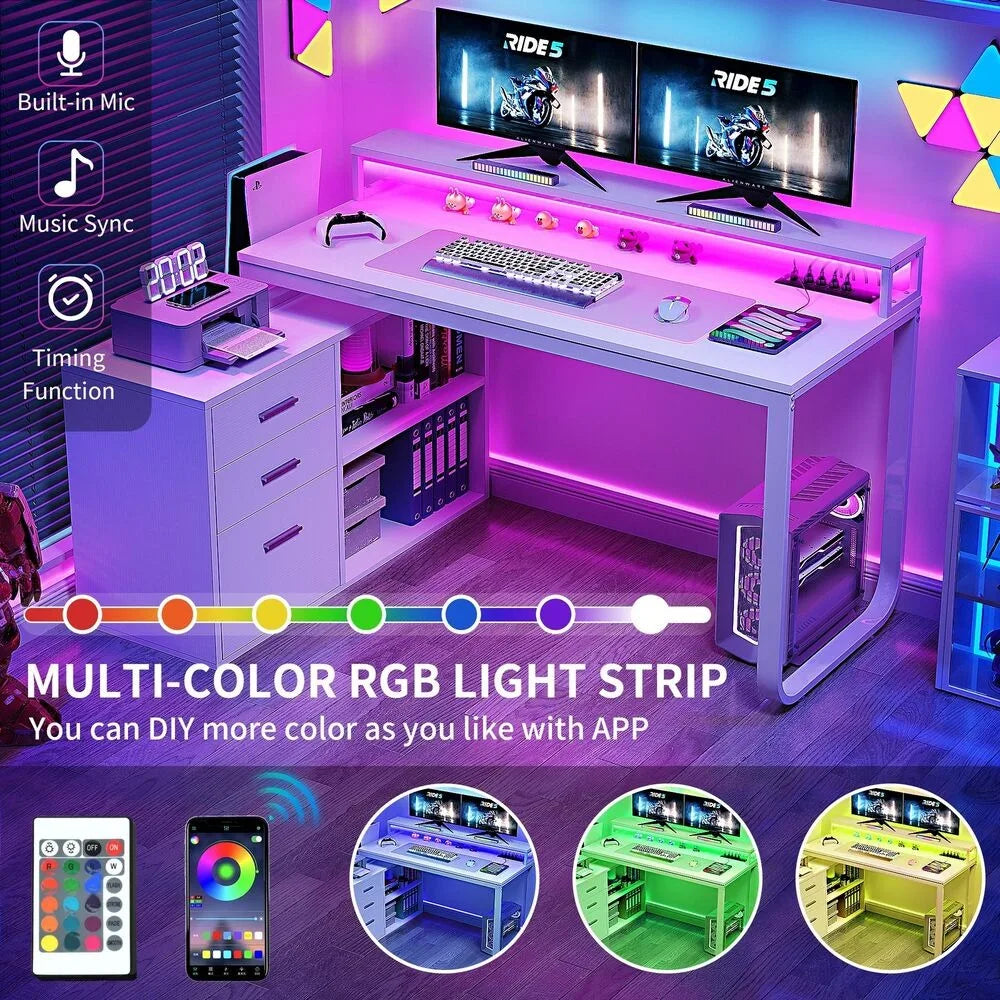 L-Shaped Gaming Computer Desk Home Office Desk File Drawers