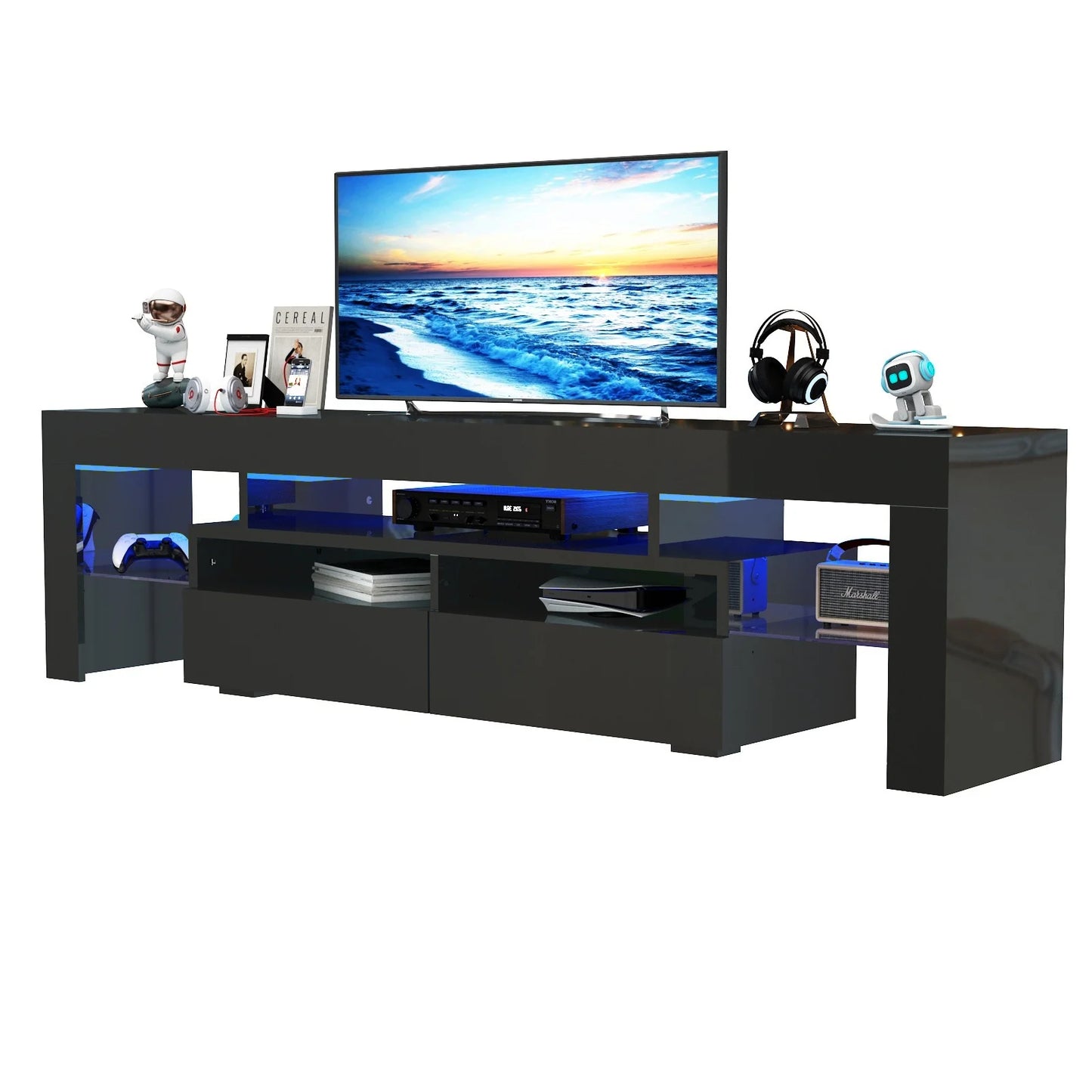 LED TV Stand for Living Room w/20 Colors Lights & Storage Shelf High Gloss TV Cabinet with Large Drawers for Gameroom/Bedroom