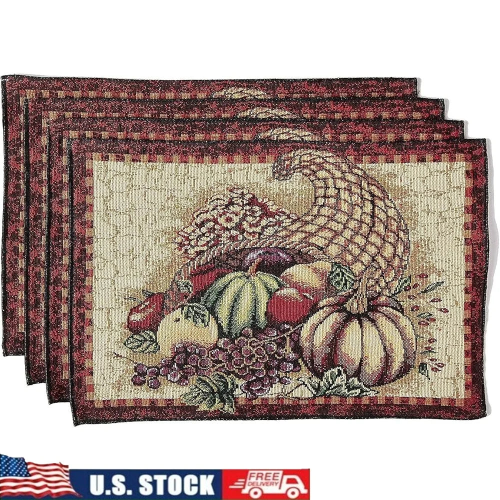 Fall Harvest Thanksgiving Decorative Placemats Set of 4 Cotton Polyester Woven Tapestry 13x19 Inch Autumn Leaves Sunflowers