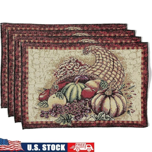 Fall Harvest Thanksgiving Decorative Placemats Set of 4 Cotton Polyester Woven Tapestry 13x19 Inch Autumn Leaves Sunflowers