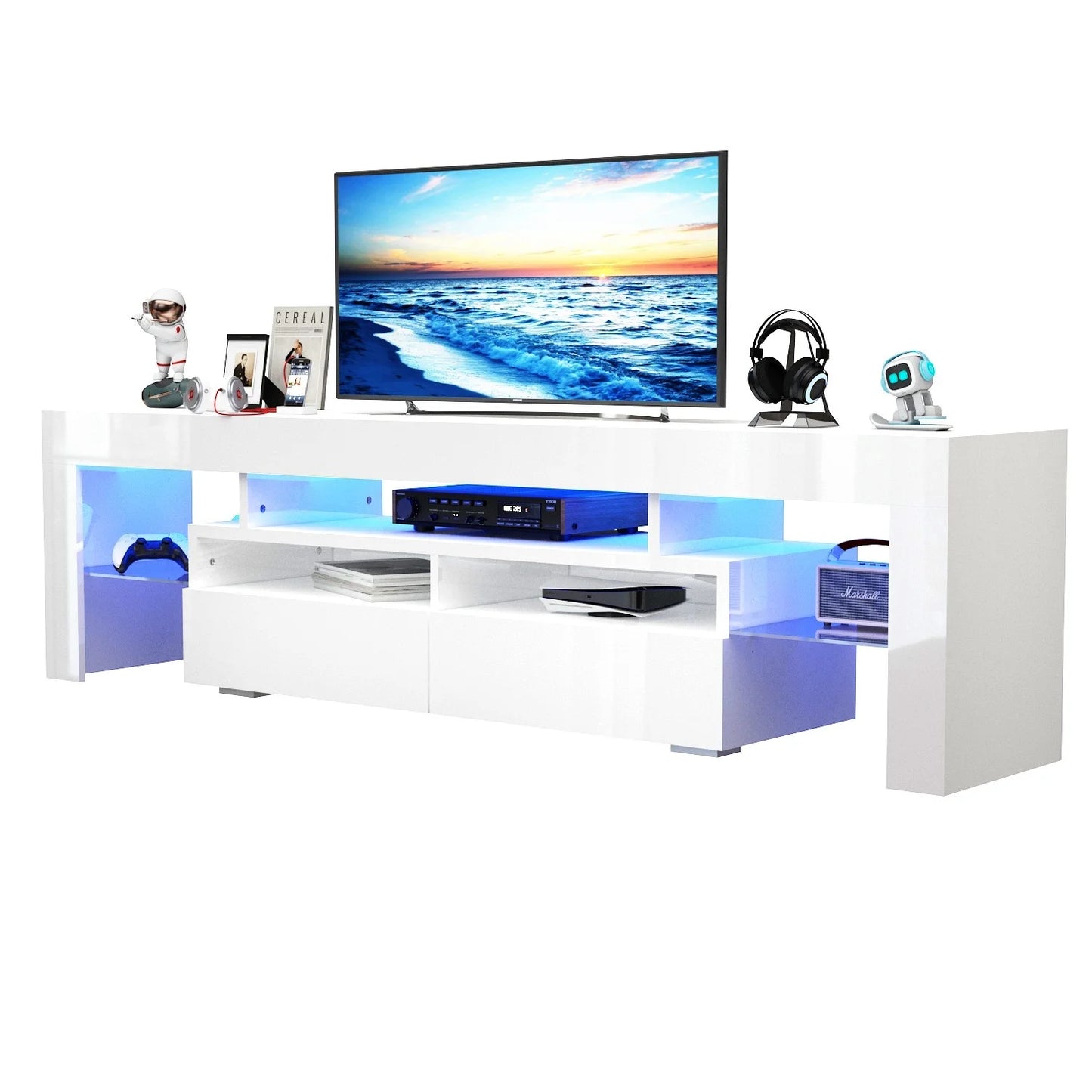 LED TV Stand for Living Room w/20 Colors Lights & Storage Shelf High Gloss TV Cabinet with Large Drawers for Gameroom/Bedroom