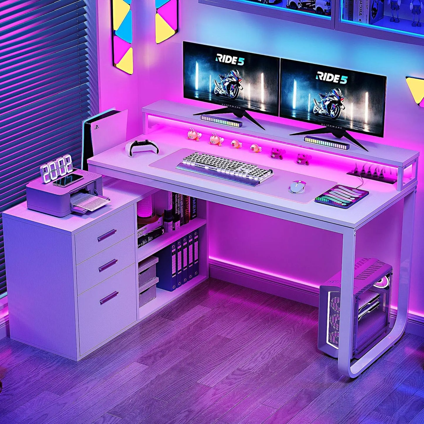 L-Shaped Gaming Computer Desk Home Office Desk File Drawers