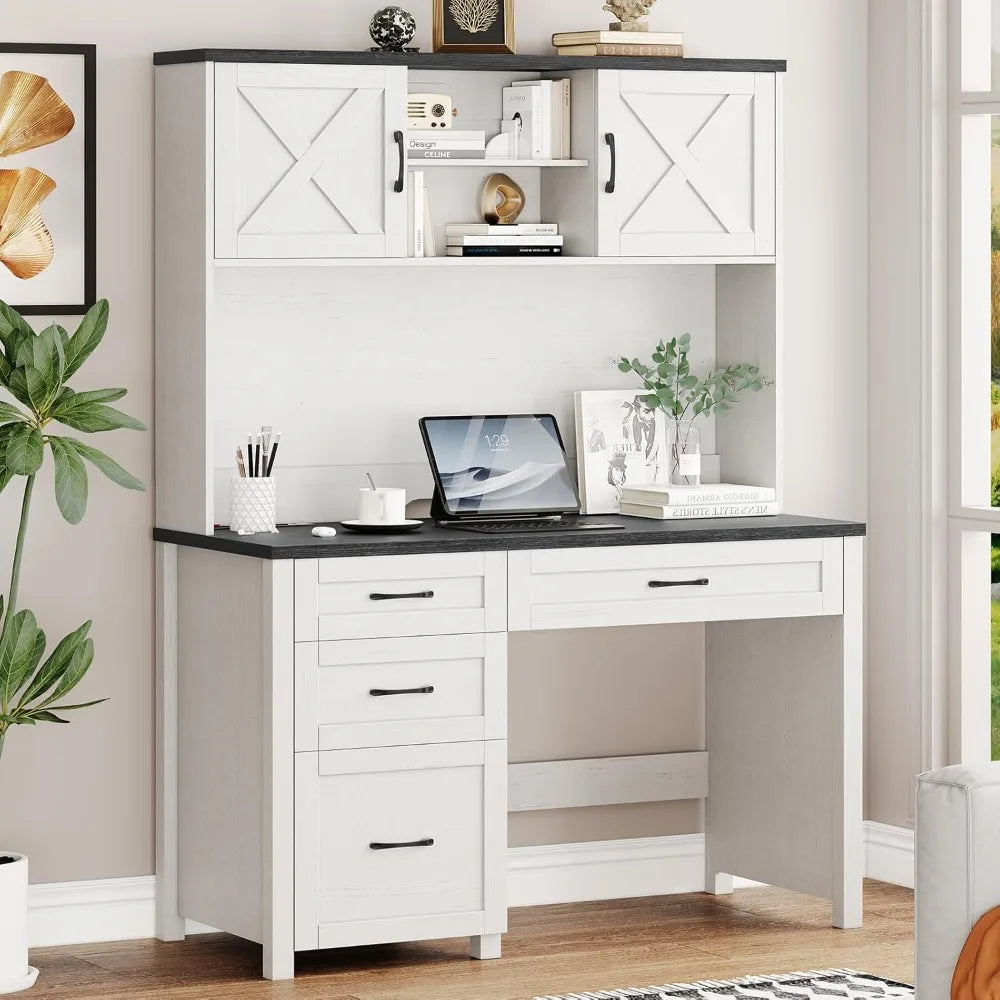 "67" Farmhouse Executive Desk - Hutch with LED Light, 4 Drawers & Charging Station for Home Office"