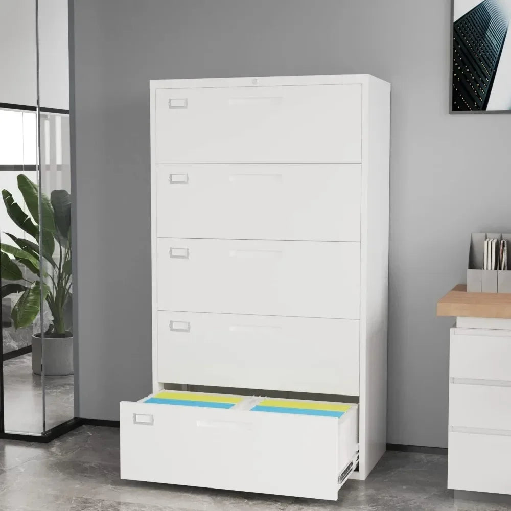 Lateral File Cabinet with 5 Drawers - Lockable Storage Cabinet for Hanging - White Metal Steel Filling Cabinets for Home Office