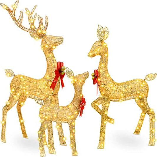 Christmas Lighted Reindeer Family Outdoor Yard Decorations with Golden Glow for Holiday Season Large Illuminated Deer Set Perfe
