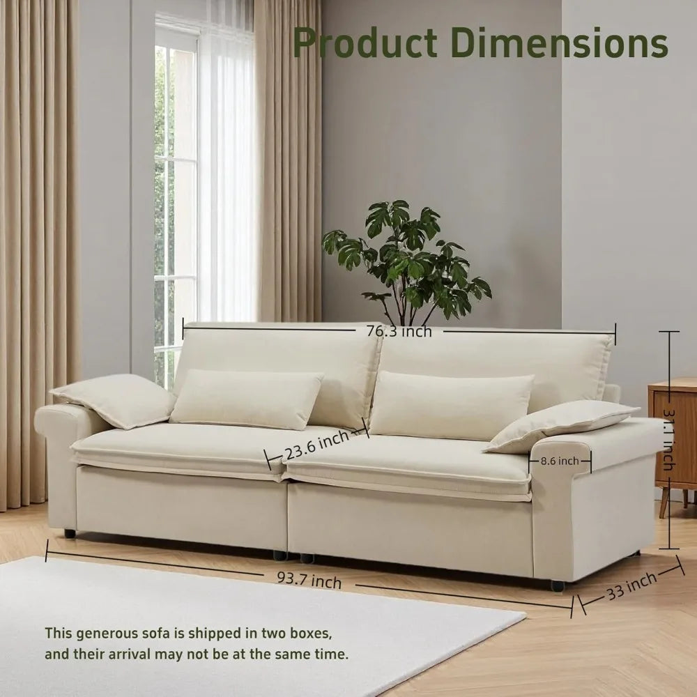 94 Inch Sofa, Oversized Couch with Wide Arms, Modern 3-Seater Sofa w/Throw Pillows, Chenille Fabric, Deep Seat Cushion